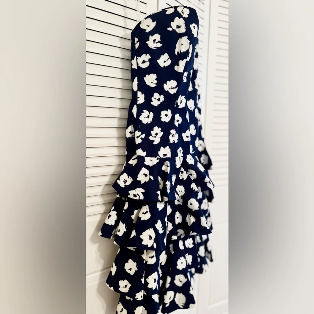 Vintage 80s 90s Dress Strapless Ruffled Cocktail Patty O’Neil Navy White Floral - Picture 6 of 8